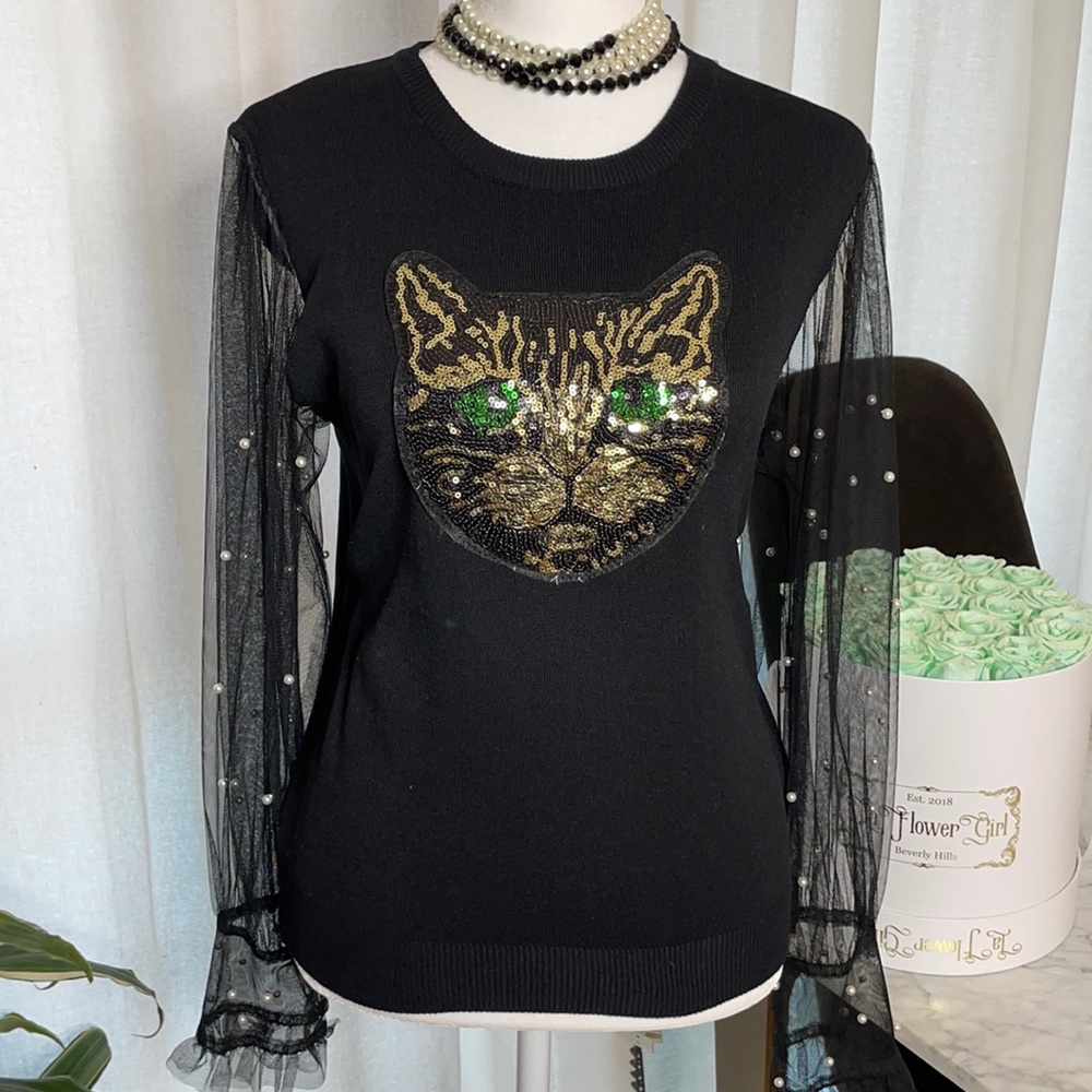 Denimland Cat Sweater With Pearl Sleeves